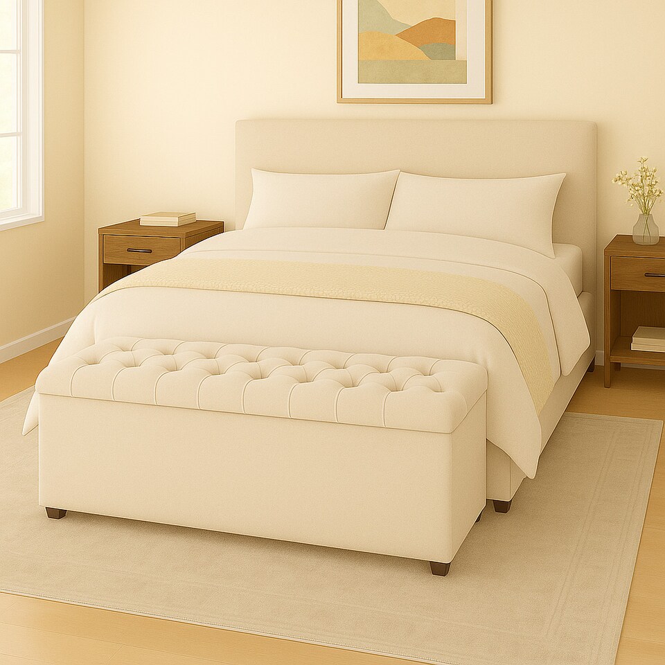 image 1 of 90cm Chesterfield Plush Velvet Cream Upholstered Storage Ottoman Bench - Deep Tufted Lid & Wooden Leg