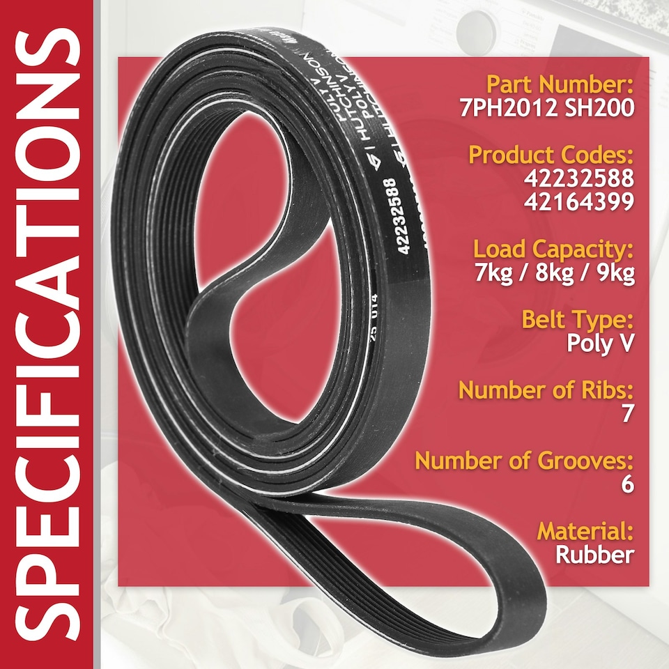 image 1 of SPARES2GO Poly-V Drive Belt for Electra TDC7100 TDC8101 TDC8112 TDC9112 THP7112 Tumble Dryer (7PH2012 SH200)