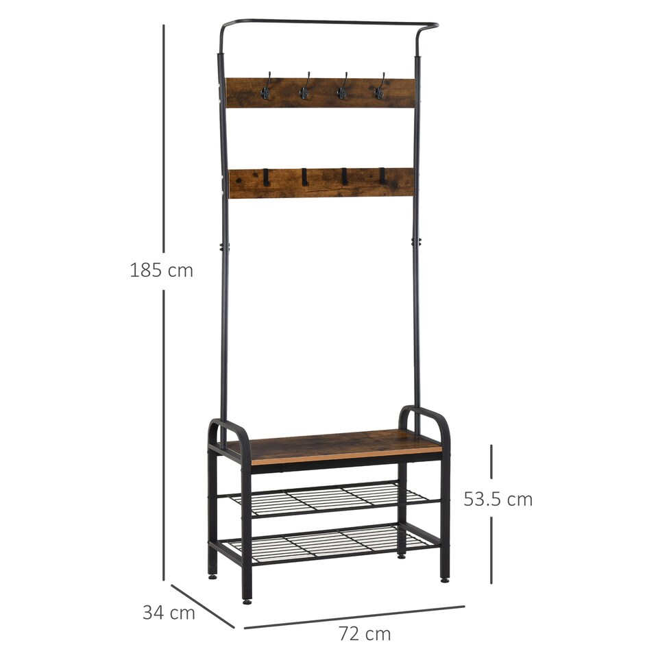 image 1 of HOMCOM Coat Rack Stand Industrial hallway Shoe Rack Removable Hooks Metal Wood Hangers Storage Cabinet Rustic Brown