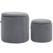 HOMCOM Set of 2 Round Ottoman with Storage, Fabric Vanity Stool for Makeup, Footrest Stool with Removable Lid for Living Room & Bedroom, Light Grey | Grey