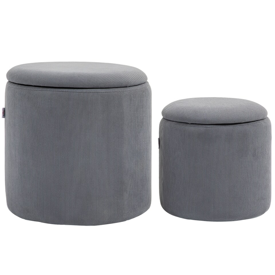 image 1 of HOMCOM Set of 2 Round Ottoman with Storage, Fabric Vanity Stool for Makeup, Footrest Stool with Removable Lid for Living Room & Bedroom, Light Grey | Grey