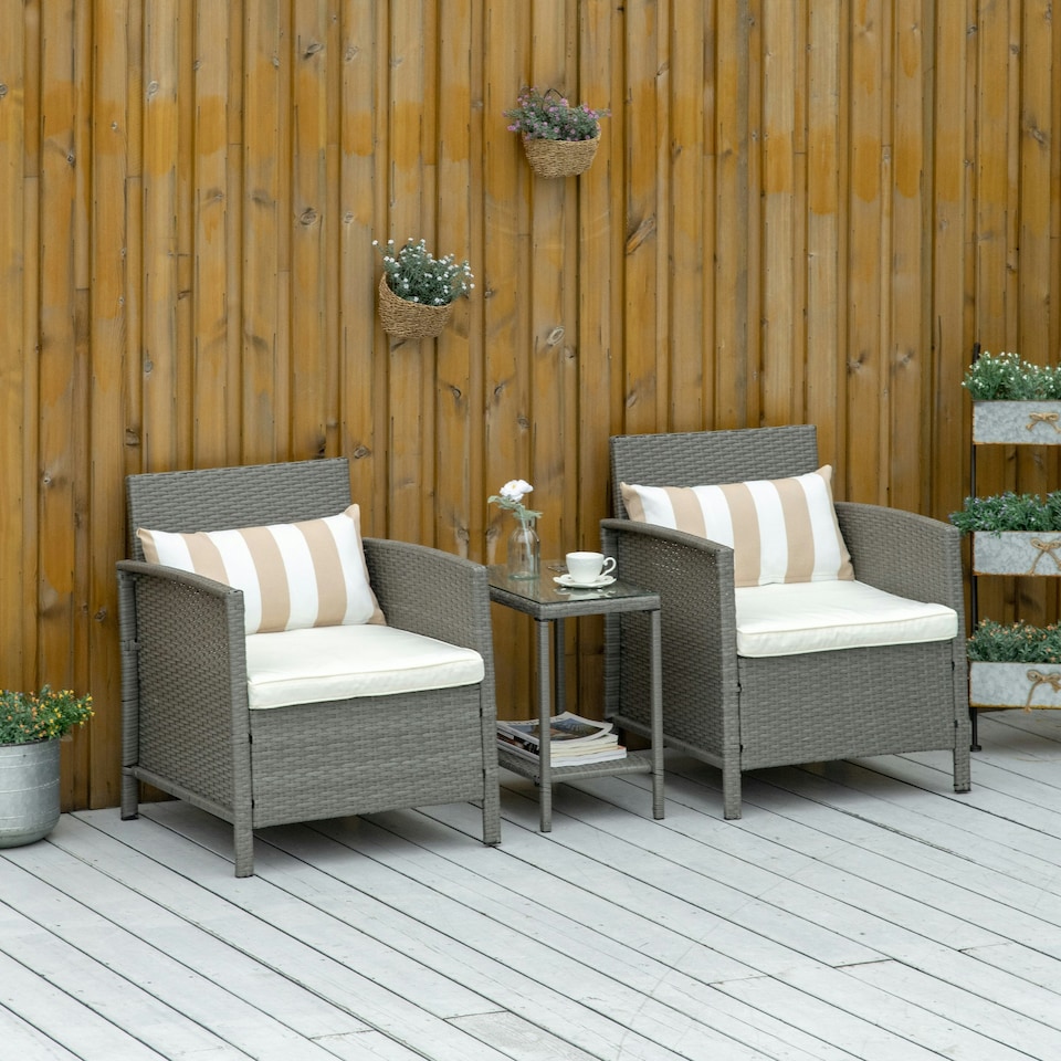 image 1 of Outsunny 3 PC Outdoor Rattan Sofa Set with Chairs Coffee Table Cushion