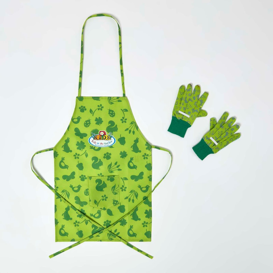 image 1 of Homescapes Children's Gardening Apron with Green Floral Design