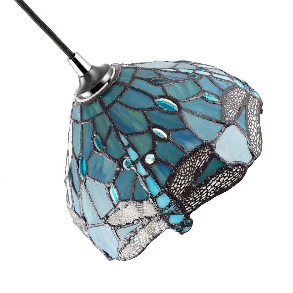 image 1 of Dragonfly Themed Emerald Stained Glass Tiffany Pendant Lighting Shade with Beads | Green | Emerald Green | 1