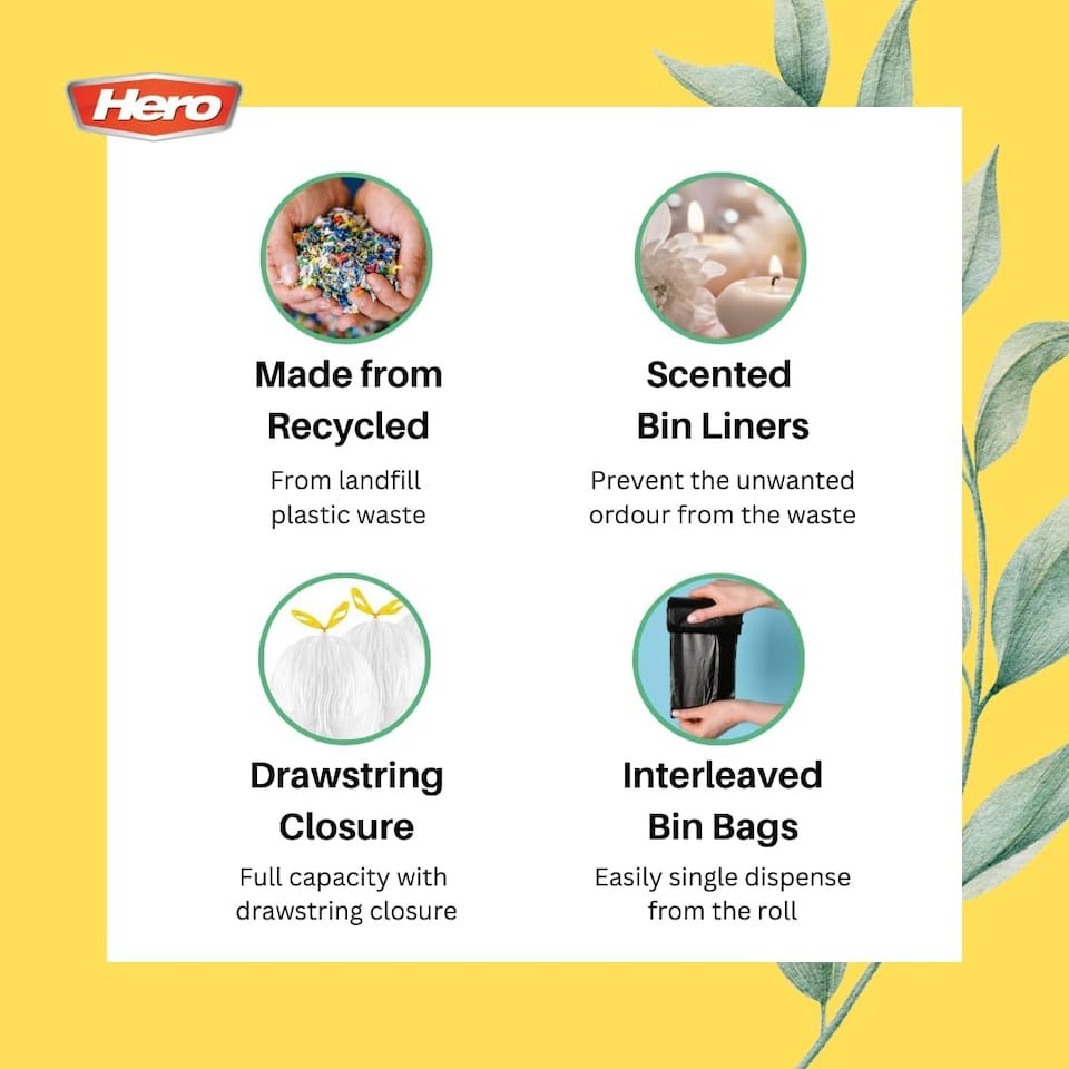 image 1 of Hero Swing Scented Drawstring Bin Bags 60L – Roll of 16 Bags | Strong Tear-Resistant Kitchen Bin Liners with Fresh Fragrance