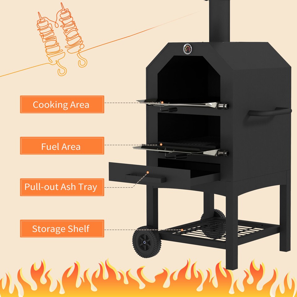 image 1 of Outsunny Outdoor Pizza Oven Charcoal Grill with Rain Cover, Shelf and Wheels