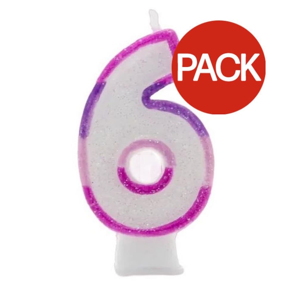 Apac Number 6 Glitter Candles (Pack of 6) - Pink/White - One Size