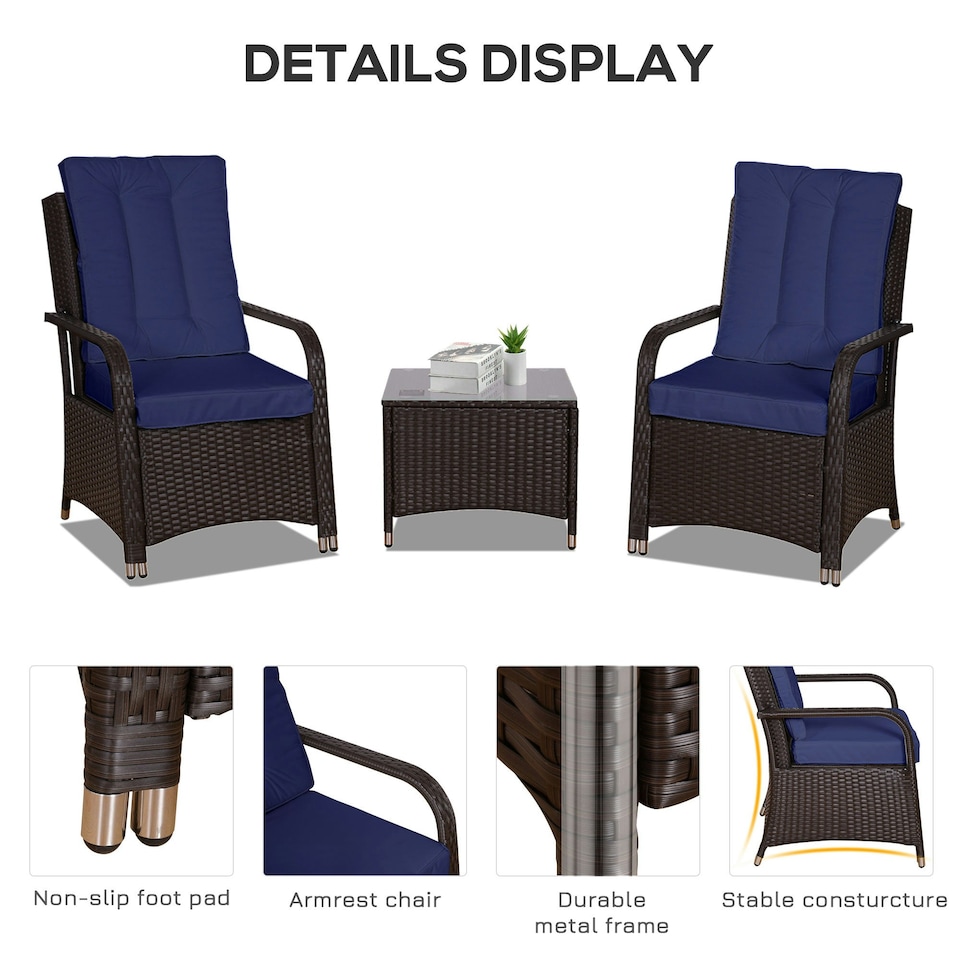 image 1 of Outsunny Rattan 3PCs Chair Table Bistro Set Patio Set w/ Steel Frame