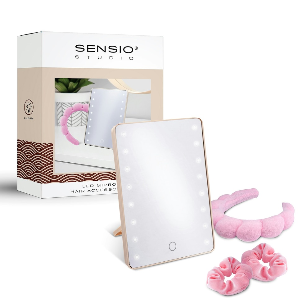 image 1 of Sensio LED Mirror & Hair Accessory Gift Set | Pink | Cream