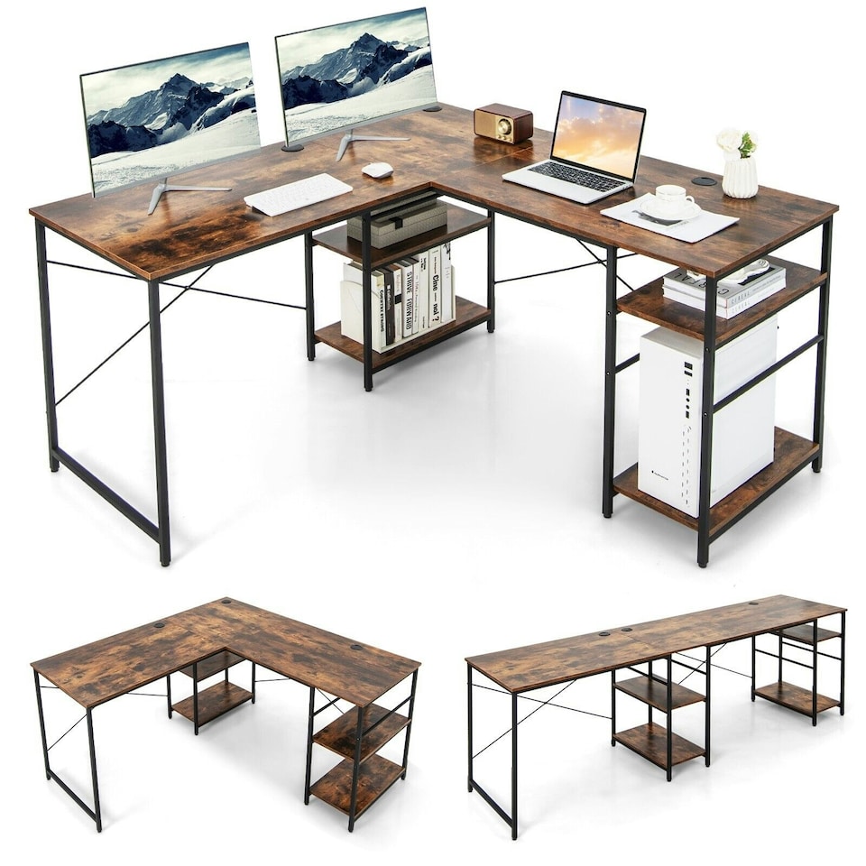 image 1 of COSTWAY L-Shaped Computer Desk Writing Desk Workstation Brown Brown