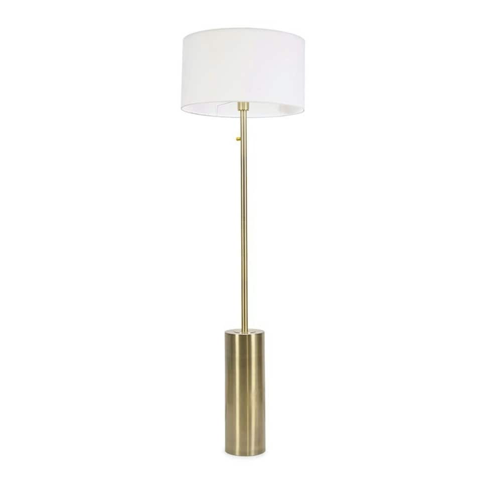 image 1 of ValueLights Lexy White Fabric Drum Shade with Antique Brass Dimmable Floor Lamp with LED Bulb
