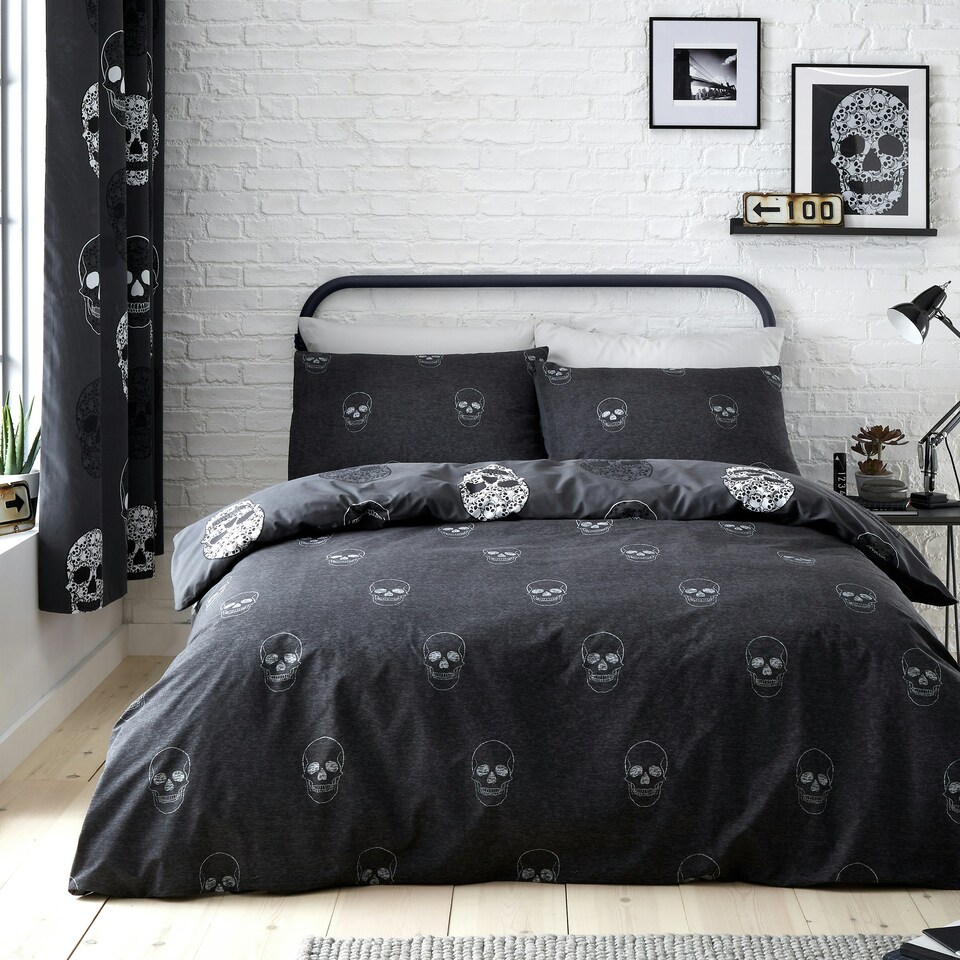 image 1 of Catherine Lansfield Skulls Reversible Single Duvet Cover Set Grey