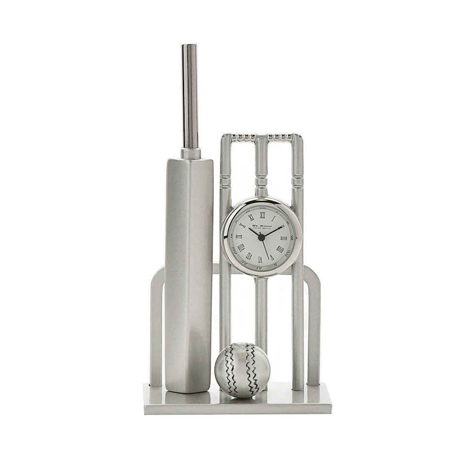 image 1 of Wm.Widdop Miniature Clock Cricket Bat, Ball & Wickets Silver