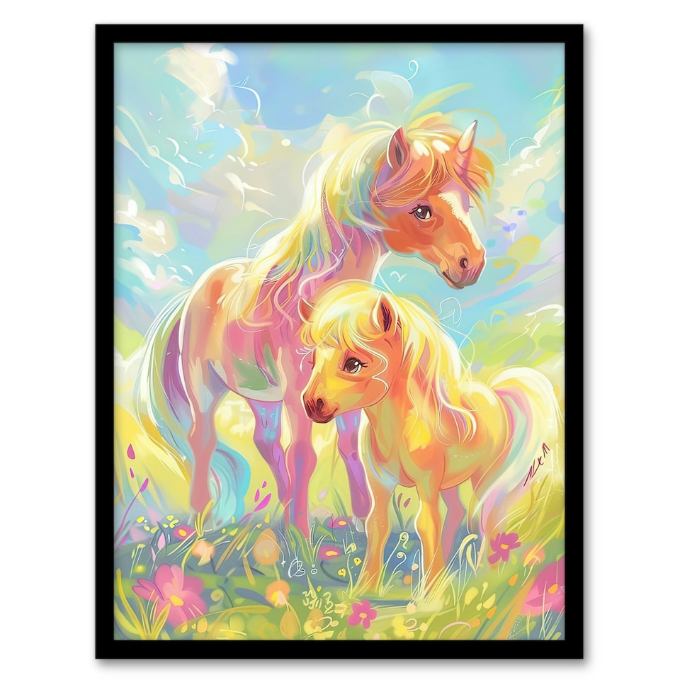image 1 of Rainbow Ponies in Flower Meadow Cartoon Kids Black Framed Wall Art Print A4