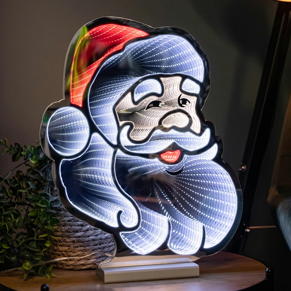 image 1 of 40cm Infinity Santa's Head Christmas Decoration on Wooden Base with Red & White LEDs