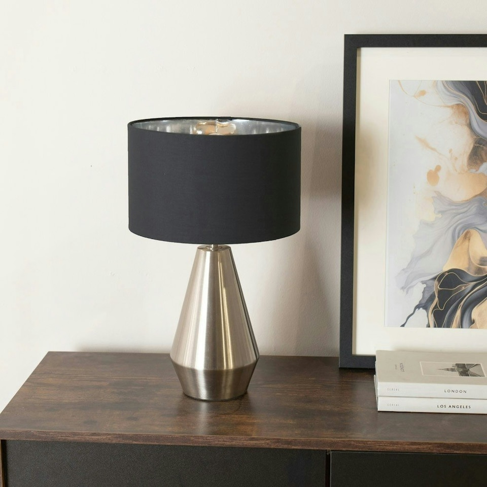 image 1 of ValueLights Jax Chrome Dimmable Touch Table Lamp with Black with Chrome Inner Lamp Shade and LED Bulb