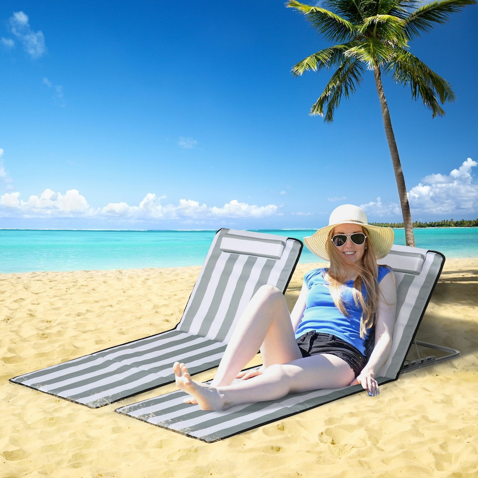 image 1 of Outsunny 2 Pieces Outdoor Beach Mat Steel Reclining Chair Set w/ Pillow Grey