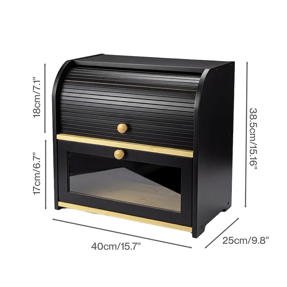 image 1 of Toque Bread Box 2-Tier Large Capacity Roll Top Black Bamboo Acrylic Door