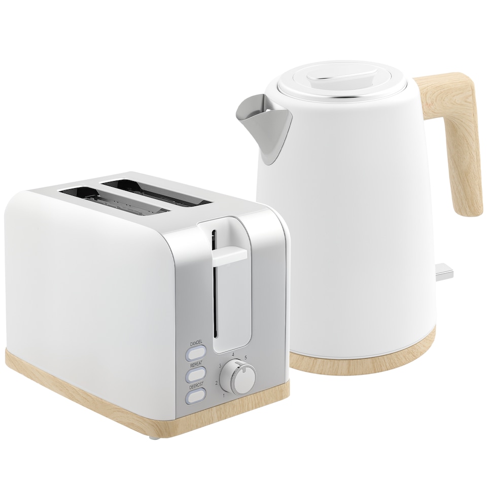 image 1 of HOMCOM Stainless Steel Kettle and Toaster Set, 1.7L 3000W Fast Boil Kettle & 2 Slice Toaster Kitchen Set with 7 Level Browning Controls, Defrost, Reheat, Auto Off, Boil-dry Protection, White