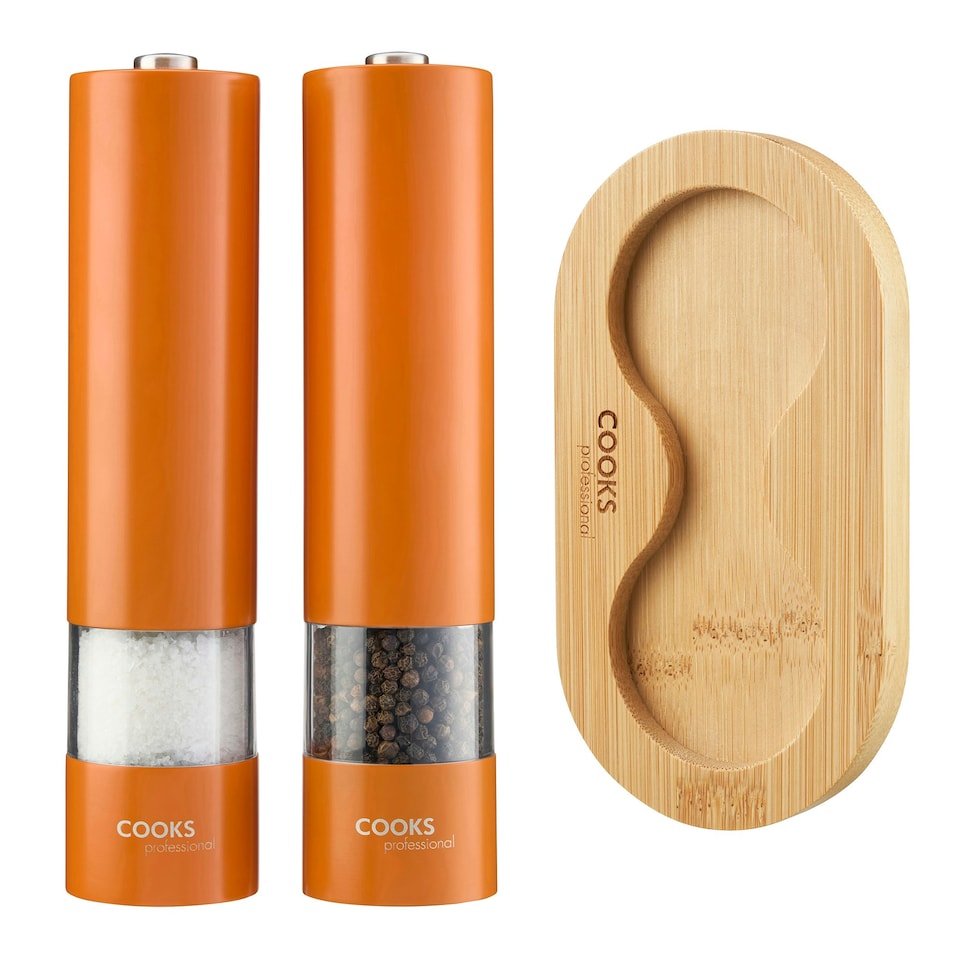 image 1 of Cooks Professional Electric Salt & Pepper Mill Set with Bamboo Base | Adjustable Grind Settings | Simple One-Button Operation | Orange