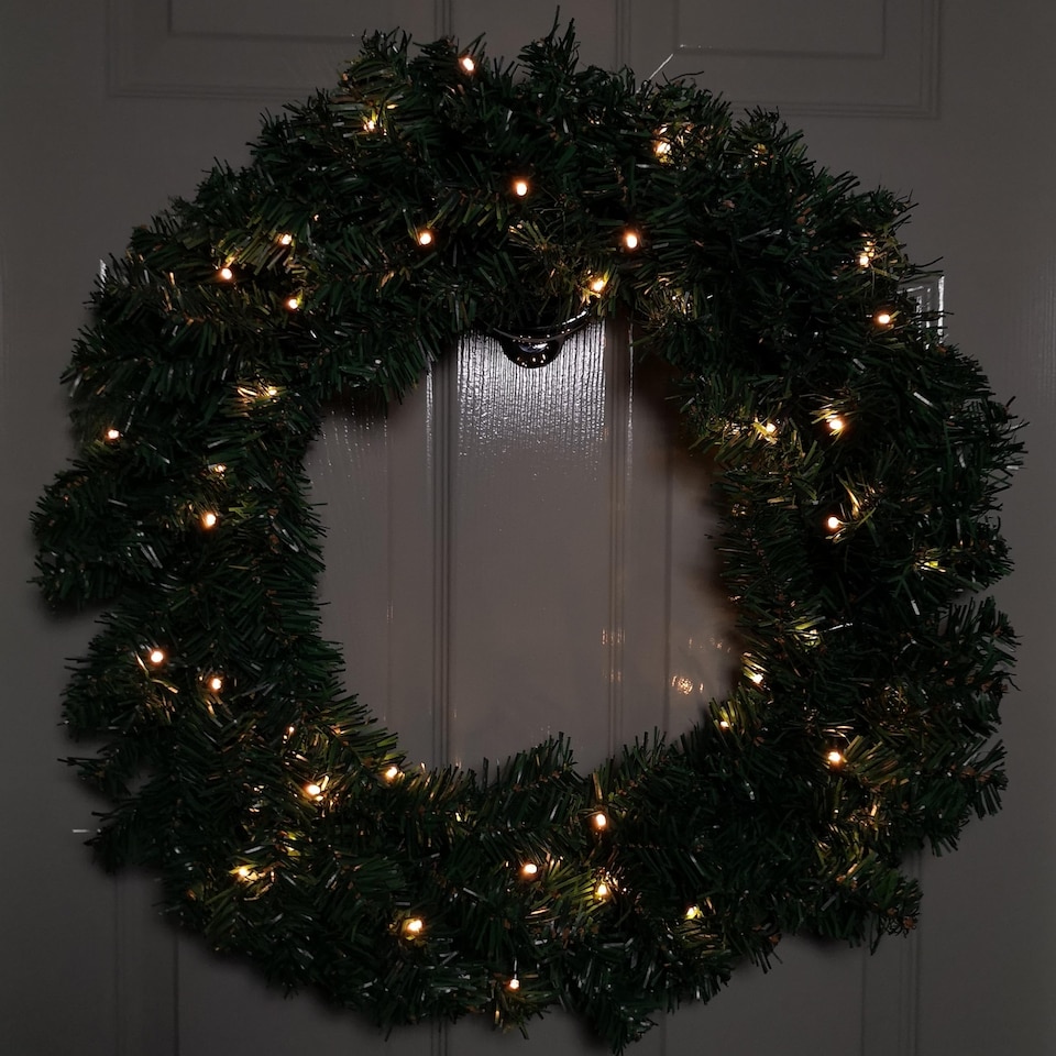 image 1 of 60cm Pre Lit Plain Green Christmas Wreath with Warm White LEDs and 160 Tips