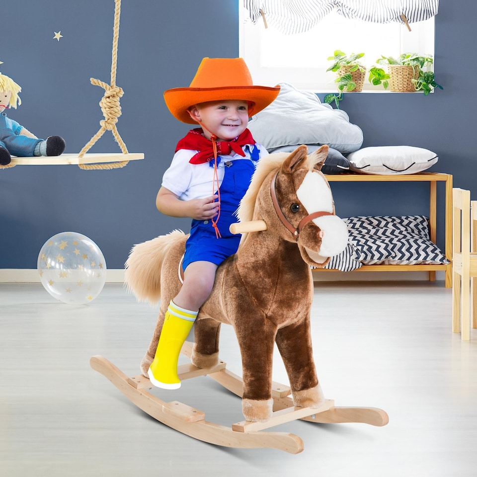 image 1 of HOMCOM Kids Children Plush Rocking Horse Wooden Base Ride On Toy Rocker with Handle Grip Traditional Toy Fun Gift for Age 3 Plus (Brown)