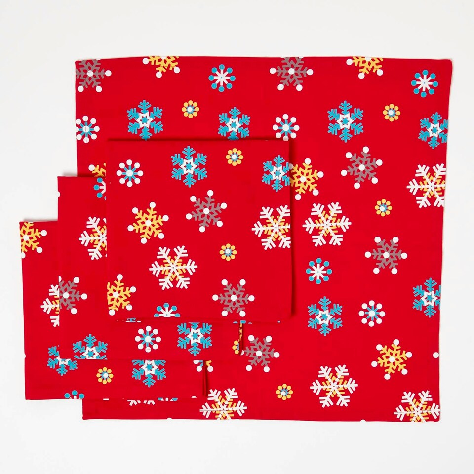 image 1 of Homescapes Christmas Red Snowflake Cotton Fabric 4 Napkins Set