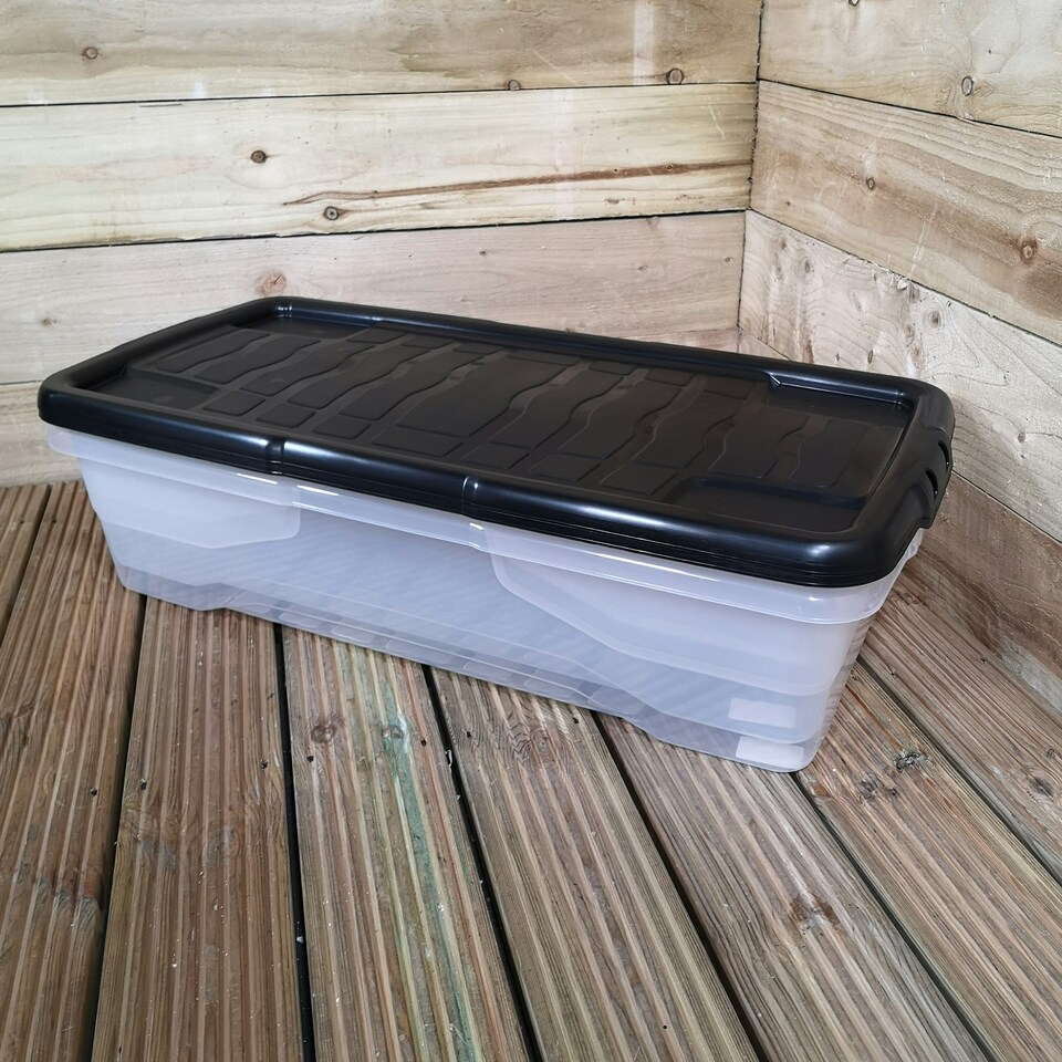 image 1 of 2 x 42L Clear Under Bed Storage Box with Black Lid, Stackable and Nestable Design Storage Solution