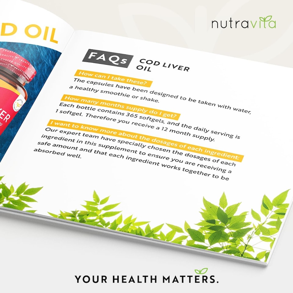 image 1 of Nutravita Cod Liver Oil 1000mg - Omega 3, Vitamins A, D, E & Garlic Oil - Supports Heart & Brain Health - 365 Fish Oil Softgels - Made in The UK