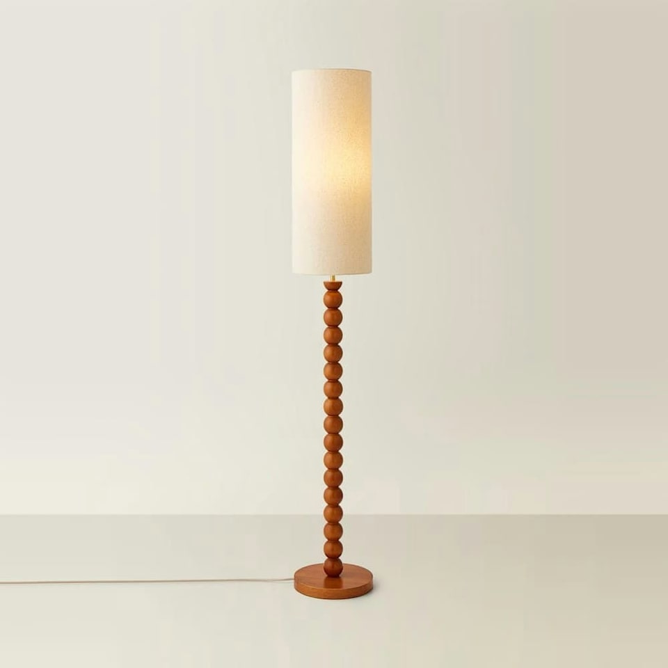 image 1 of ValueLights Wyatt Natural Linen Tall Lamp Shade Walnut Wood Bobbin Floor Lamp | Cream
