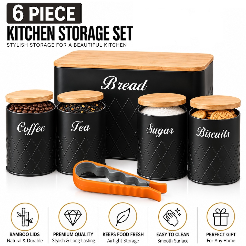 image 1 of 6Pcs Kitchen Storage Canister Jars with Can Opener Airtight Bamboo Lid Tea Coffee Sugar Bread Tins Set