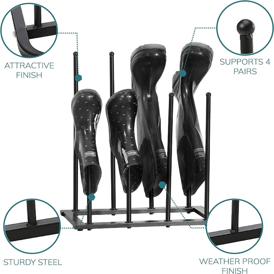 image 1 of House of Home 4 Pair Dryer Metal Welly Walking Boot Stand Shoe Rack Garden Shed Home Storage | Black