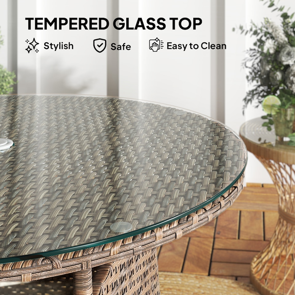 image 1 of Outsunny Wicker Garden Rattan Table, Patio Furniture Outdoor Coffee Table with Umbrella Hole and Tempered Glass Top, Brown | Brown | Brown