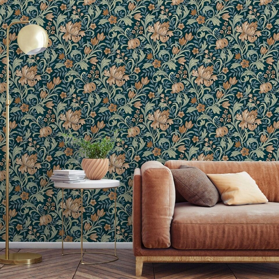 image 1 of Grandeco Marian Floral Wallpaper - Navy/Terracotta - One Size Blue