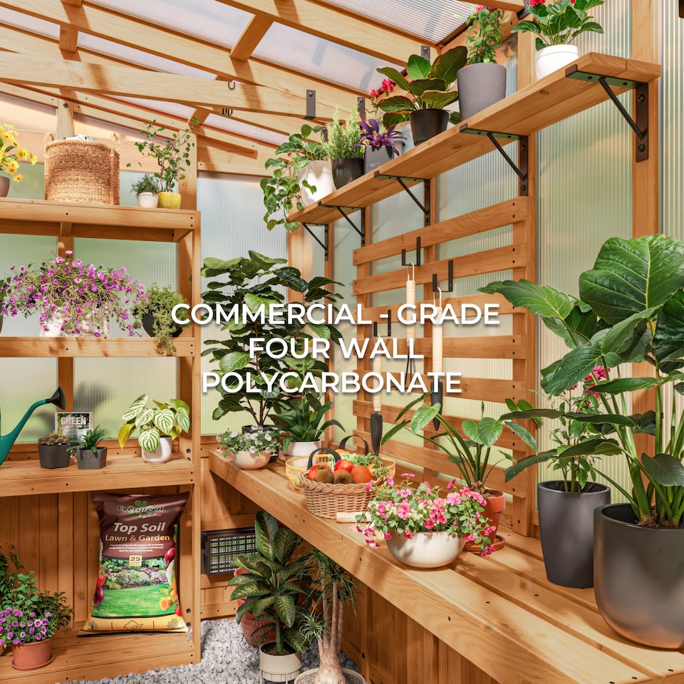 image 1 of Backyard Discovery Poppy Cedar Wood Polycarbonate Greenhouse with Pergola Front and Powerport 2.7m x 1.7m (9ft x 6ft)