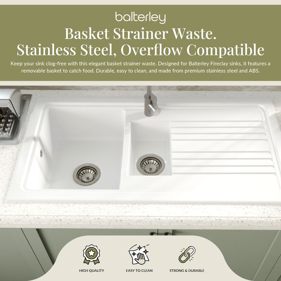 image 1 of Balterley Fireclay Kitchen Sink Basket Strainer Waste with Overflow | Silver | Brushed Nickel | 1