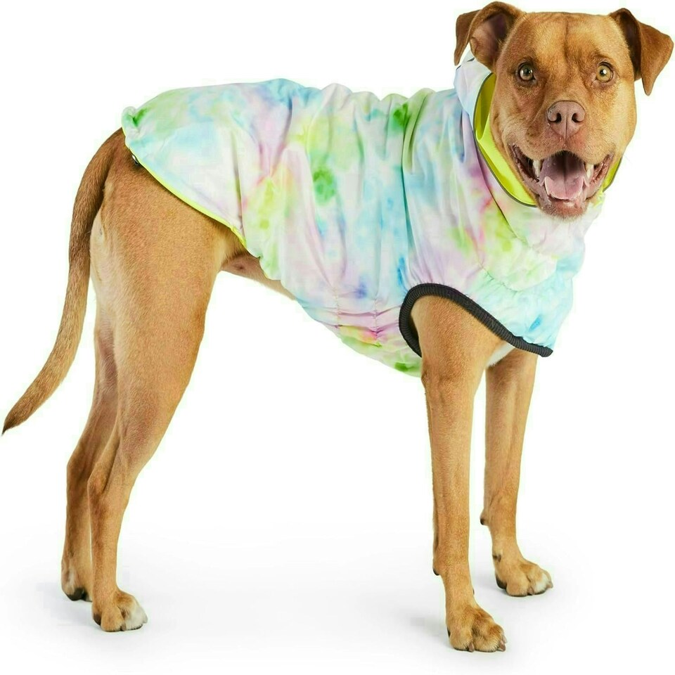 image 1 of GF Pet Dog Raincoat Elasto-Fit Reversible Coat for Dogs Waterproof Hooded Jacket - Neon Aqua & Iridescent - Medium