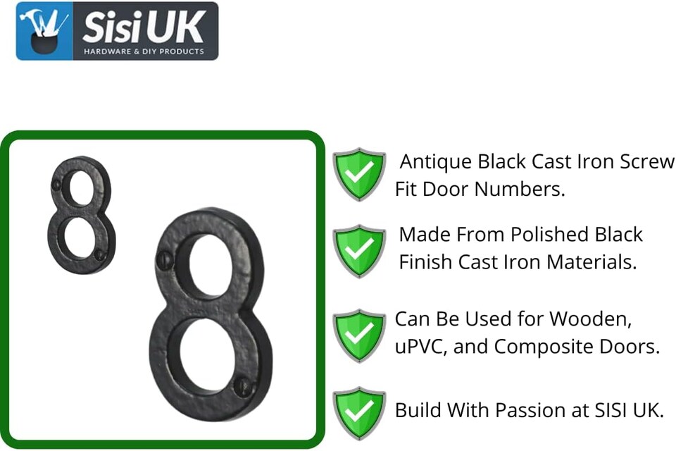 image 1 of 3 Inch Antique Black Cast Iron House Number 8 – Door Numeral with Matching Screws for Front Door, Gate & Wall