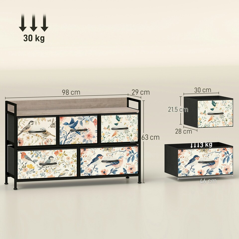 image 1 of HOMCOM 5-Drawer Chest of Drawers, Fabric Dresser, White | White | Black, Floral Pattern | One Size | 1