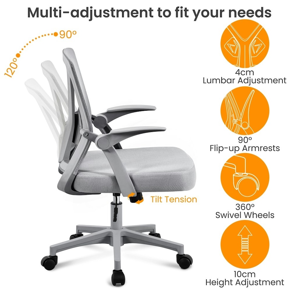 image 1 of Yaheetech Mesh Office Chair with 90° Flip-up Armrests | Grey | Full Grey
