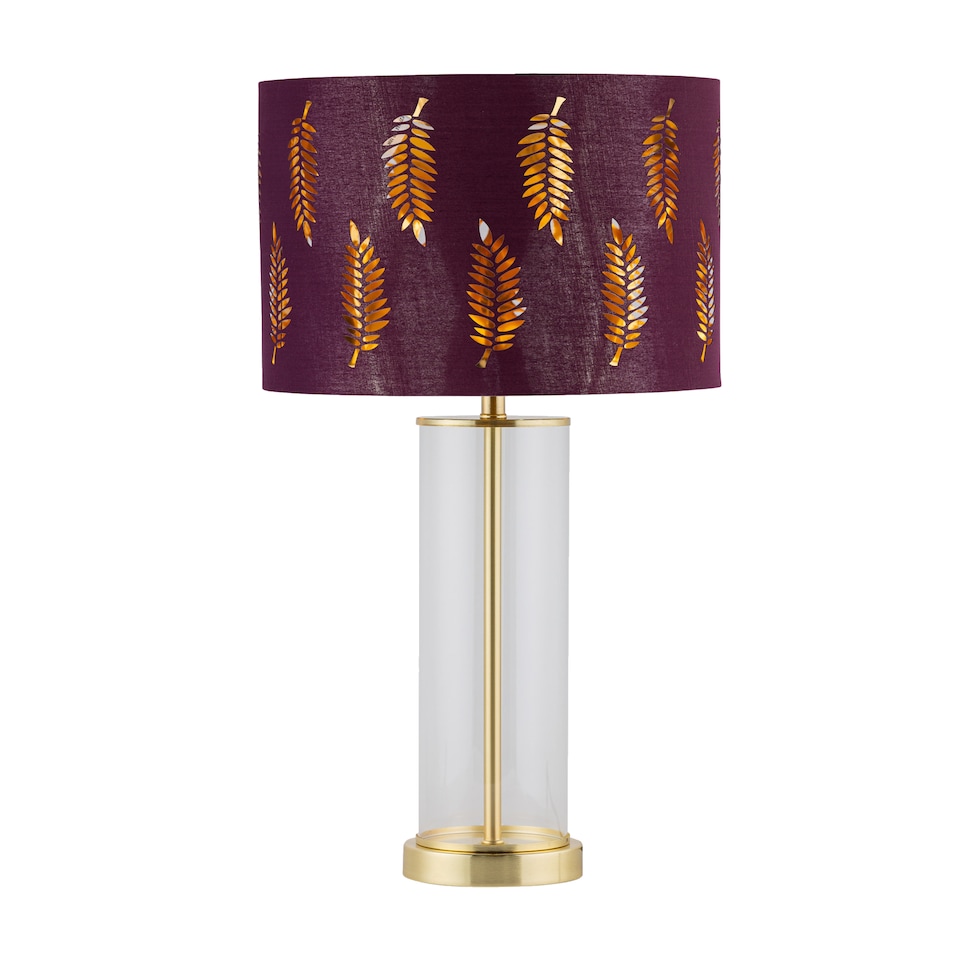 image 1 of Aura - Satin Brass Table Lamp with Burgundy Fern Cut Out Shade