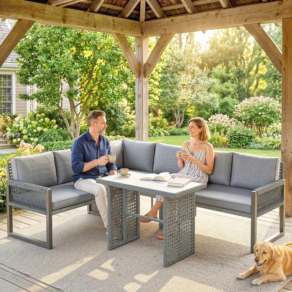 image 1 of Outsunny 4 Piece Rattan Garden Furniture Set with 3 Loveseats, Table, Grey | Grey | Light grey | 225 x 172 x 72 cm