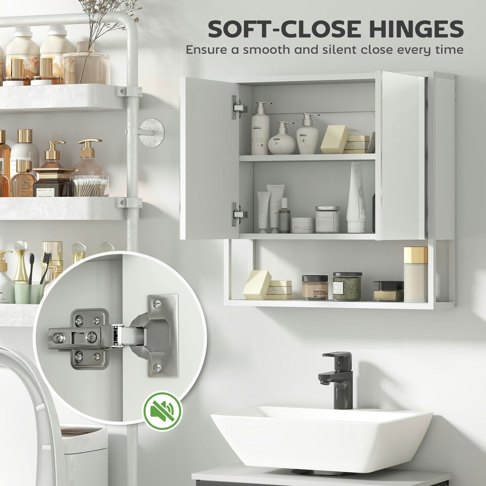 image 1 of HOMCOM Industrial Bathroom Cabinet with 2 Mirrored Doors Open Shelf White