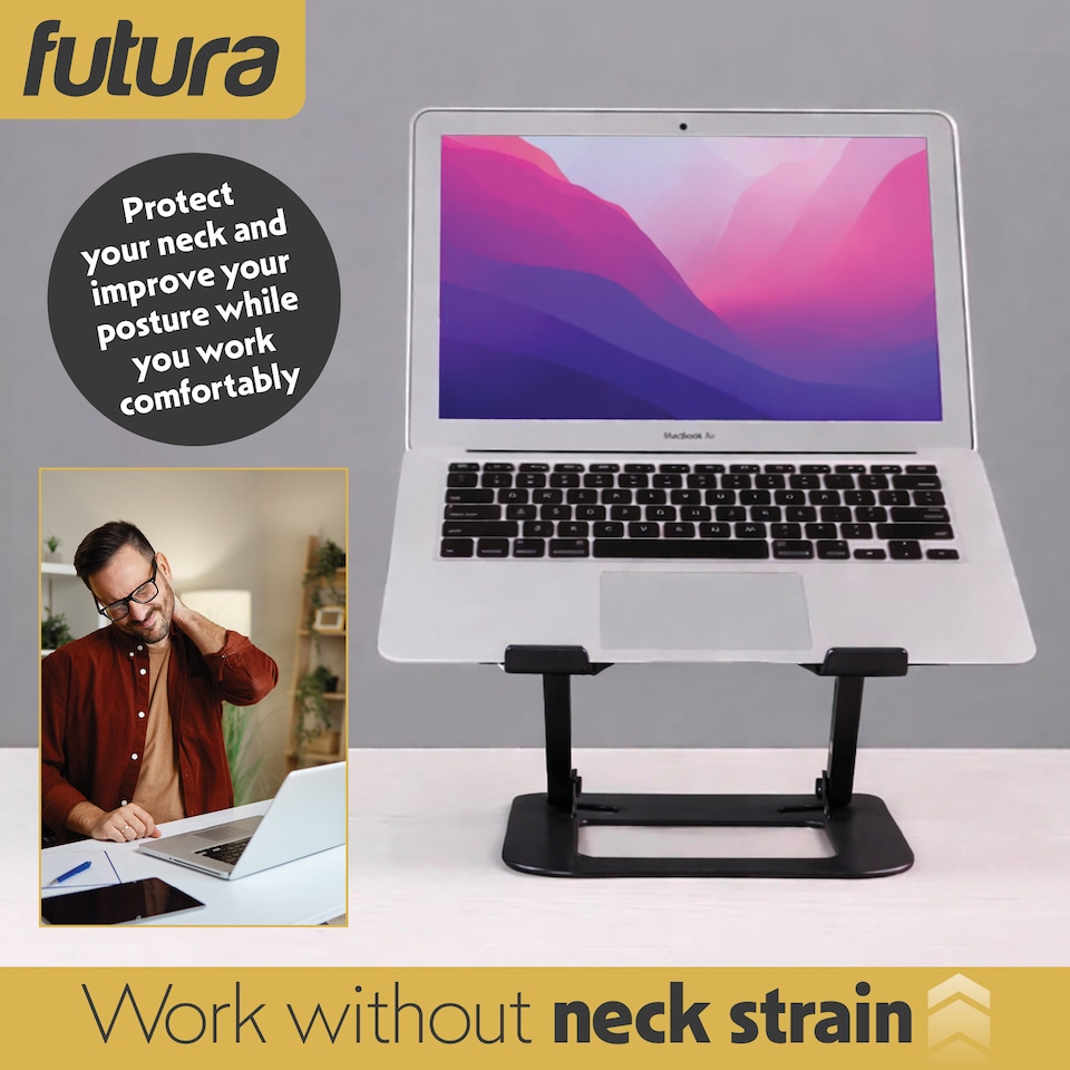 image 1 of Futura Laptop Stand Adjustable Portable Riser, Black Foldable Aluminium Holder for MacBook AirPro and 11 to 17 inch Laptops | Black | Black | One Size | 1