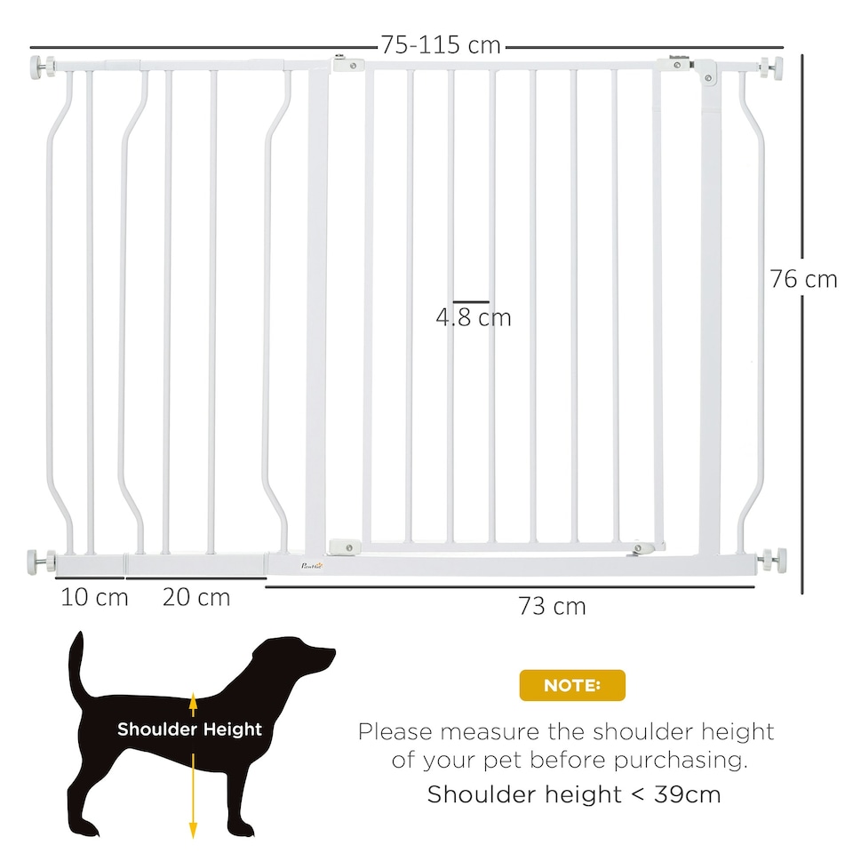 image 1 of PawHut Dog Gate Wide Stair Gate w/ Door Pressure Fit, 75-115W cm, White