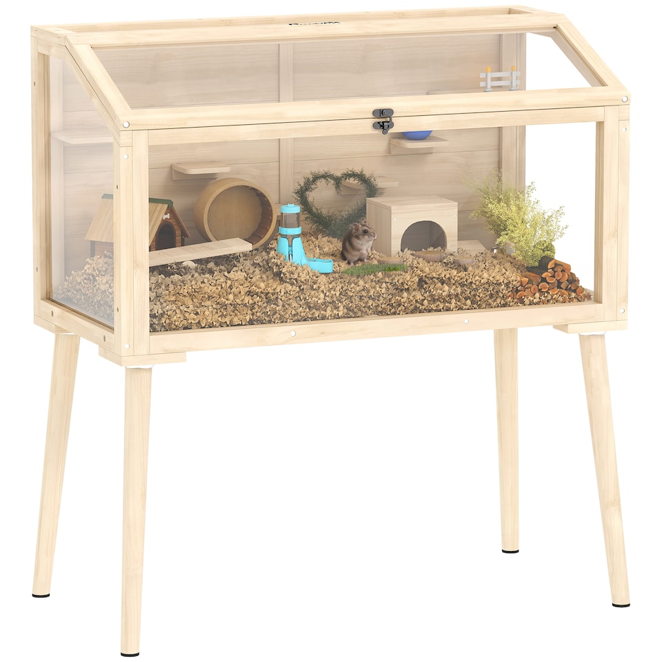 image 1 of PawHut Wooden Hamster Cage, Gerbils Cage with Openable Top and Seesaws