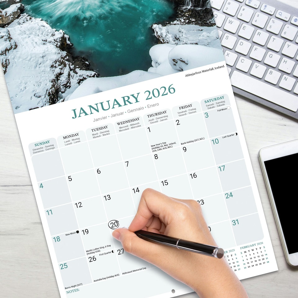 image 1 of Waterfalls 2026 Calendar | Square Wall Calendar | Travel & Nature Gift | Plastic Free Packaging | by Avonside Publishing