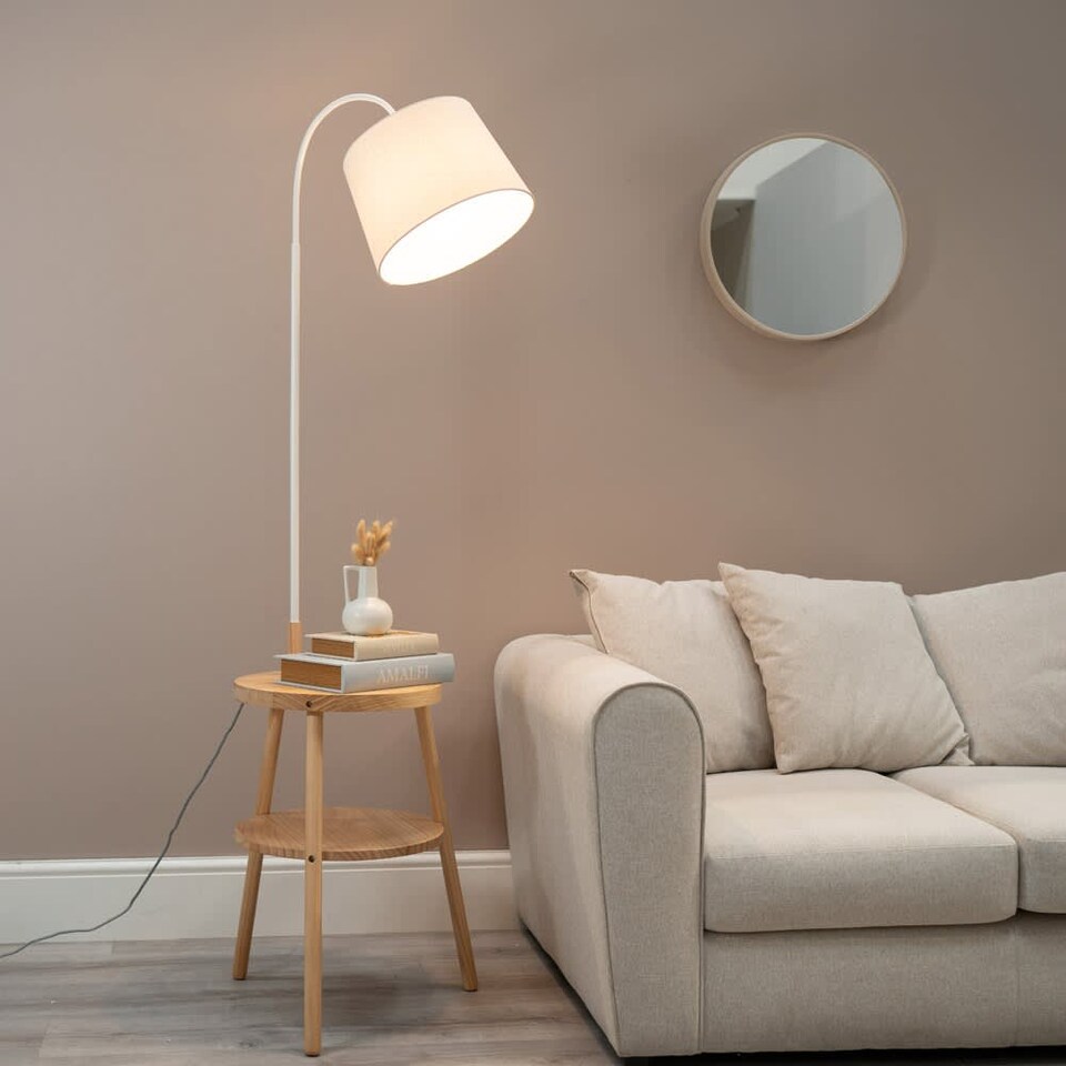 image 1 of ValueLights Crowther Light Wood Side Table Shelved Tripod Floor Lamp with Fabric Shade | Brown