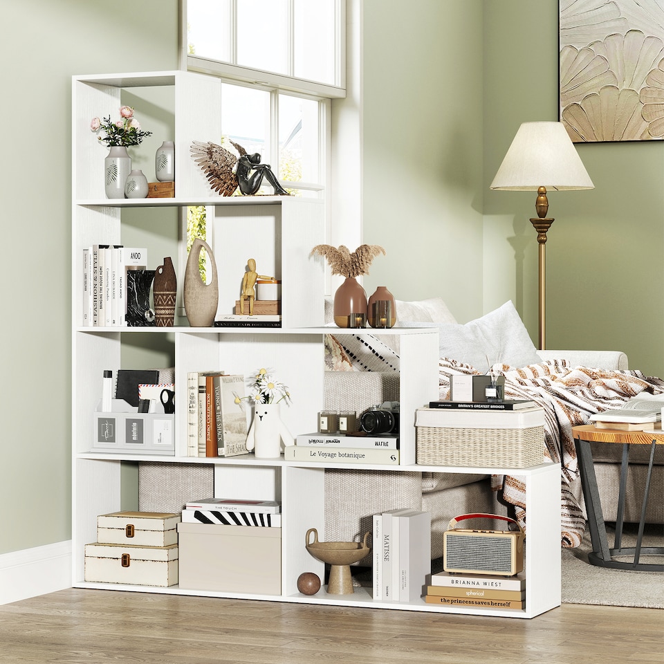 image 1 of COSTWAY 4 Tier Stepped Bookshelf Modern Ladder Bookcase 6 Storage Cubes White