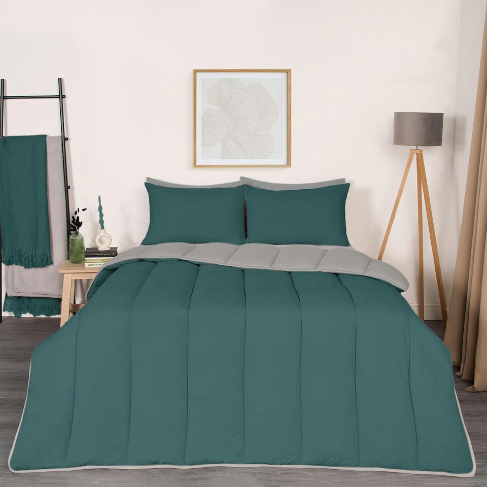 image 1 of OHS Coverless Reversible 10.5 Tog Duvet And Pillowcase Bedding Set, Single - Teal/Grey | Multi | Teal and Grey | Single
